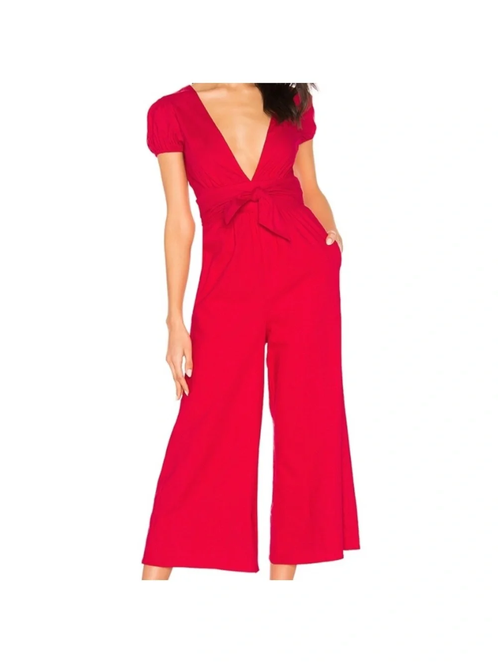MAJORELLE Red Deep-V Tie-Waist Jumpsuit